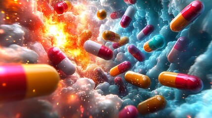 Poster - swirling vortex filled with colorful capsules in dynamic motion