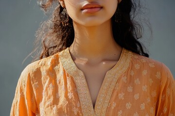 Lightweight tunic shirt styled by Indian female model for semi-casual fashion in outdoor setting