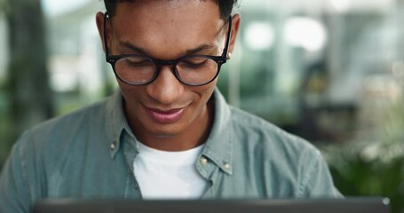 Poster - Research, smile and man in office with laptop for business plan, growth or development of creative ideas. Typing, reading and designer at desk with online report, review and glasses at digital agency