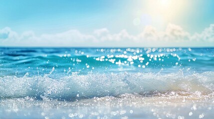 Aufkleber - Gentle blue waves ripple across the surface, illuminated by the sun’s warm glow. The peaceful ocean reflects clouds and light, evoking a tranquil beach vibe on a sunny day