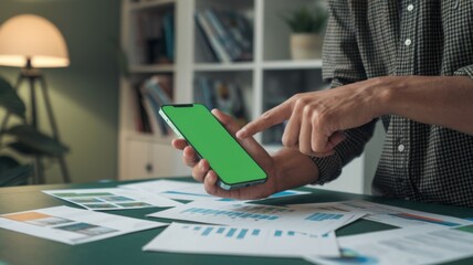 Poster - A person interacts with a green-screen smartphone amidst business documents.