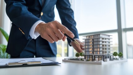Poster - A professional examining a building model with a pen in a modern office setting.