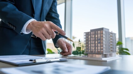 Poster - A businessman presents a building model in a modern office setting.