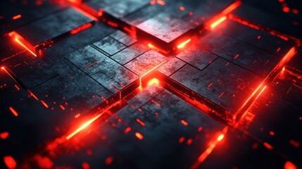 Wall Mural - Abstract Dark Metal Cubes Glowing Red Light