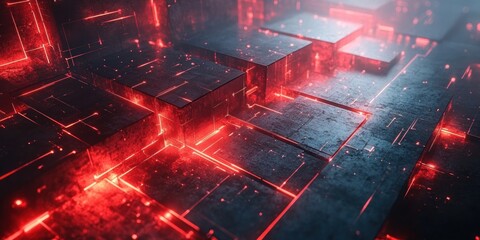 Wall Mural - Red Illuminated Cubes Abstract Digital Structure