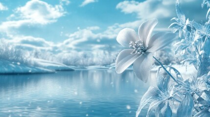 Aufkleber - A stunning winter wonderland unfolds by a tranquil lake, where crystalline flowers bloom amidst frosty foliage. Soft clouds drift lazily in a vivid blue sky, creating a serene atmosphere