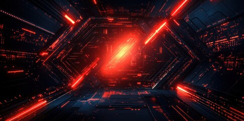 Wall Mural - Abstract Digital Red Neon Hexagonal Corridor