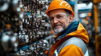 Aufkleber - A dedicated technician in protective gear stands confidently among intricate machinery in a modern industrial space, embodying expertise and safety. Bright colors highlight the dynamic environment