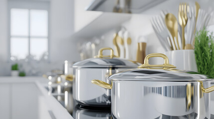 Poster - A modern kitchen with stylish cookware, featuring shiny metallic pots and utensils, exuding elegance and functionality in a bright, minimalist setting
