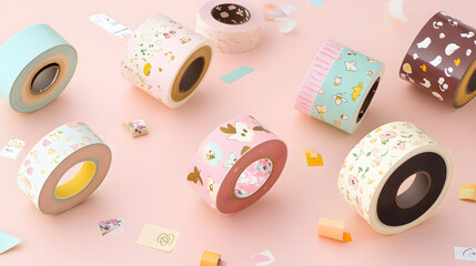 Poster - A vibrant collection of decorative washi tape rolls featuring playful designs, arranged on a pastel pink background, perfect for crafting and DIY projects