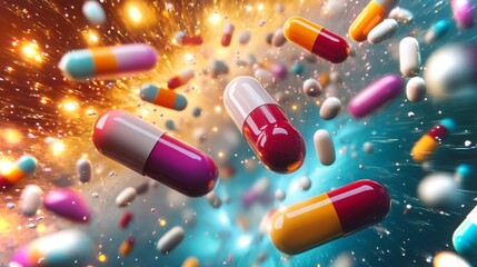 Poster - Dynamic abstract representation of capsules in vivid colors and energy bursts