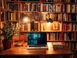 © Rumi43 - A Stack of Antique Hardcover Books Next to an Open Laptop on a Wooden Desk in a Sunlit Library, Bridging the Worlds of Traditional and Modern Knowledge