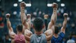 © thekob5123 - Dynamic Group of Athletes Engaging in Strength Training with Raised Arms, Showcasing Determination and Team Spirit at a Competitive Sports Event