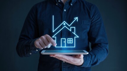 Poster - A person holding a tablet with a graphic of a house and an upward trend line.