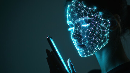 Poster - face detection concept. person interacts with smart device using facial recognition technology