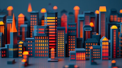 Poster - Abstract urban landscape with colorful city buildings illuminated in neon lights during nighttime, creating a vibrant and modern metropolis atmosphere for futuristic design concepts