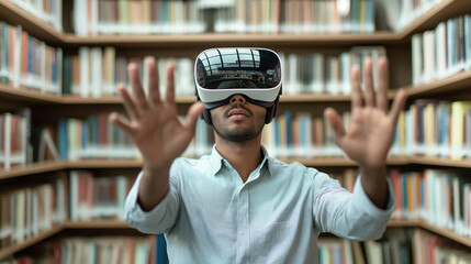Poster - Student wearing virtual reality headset experiencing metaverse in library