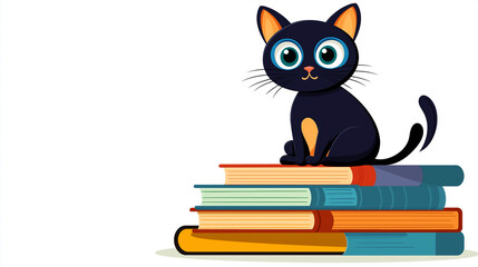 Poster - Black cat sitting on stack of books, back to school, reading and education concept