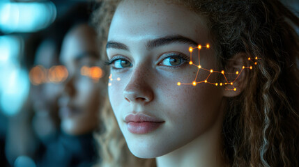 Poster - face detection concept. woman with digital interface elements on her face, futuristic concept