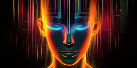Poster - Artificial intelligence face emerging from colorful data stream