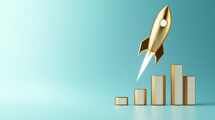Poster - Golden rocket taking off over increasing bar graph on turquoise background