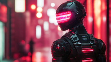 Fototapete - Futuristic robot exploring neon-lit cyberpunk city at night