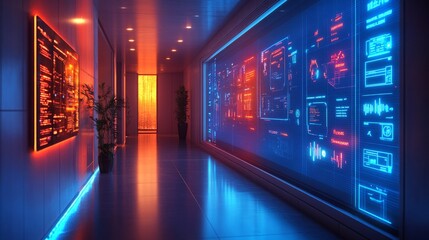 Poster - Smart ambient lighting enhances the futuristic hallway atmosphere in a modern building