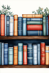 Poster - Colorful books standing on bookshelves decorated with plants