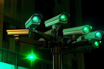 Aufkleber - Security cameras watching over city at night with green lights glowing