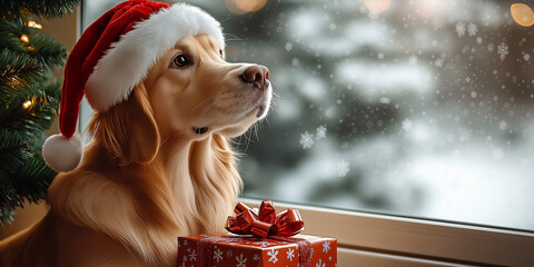 Poster - Golden retriever wearing santa hat looking out the window waiting for christmas