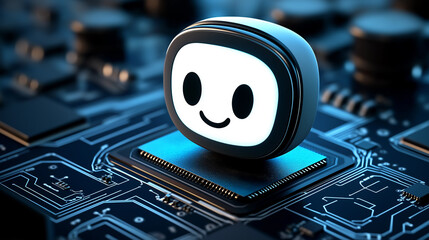 Poster - Cute ai robot character smiling on computer motherboard chip