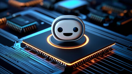 Poster - Cute ai robot face smiling on computer processor: artificial intelligence and machine learning