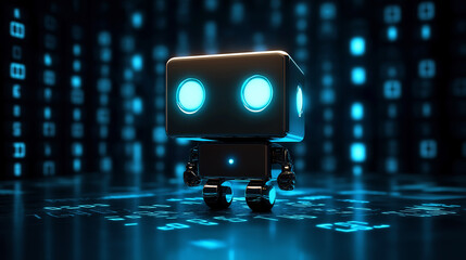 Poster - Cute robot exploring futuristic cyberspace environment with binary code data stream