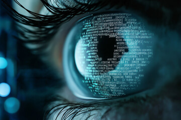 Fototapete - Human eye reflecting binary code in futuristic digital display