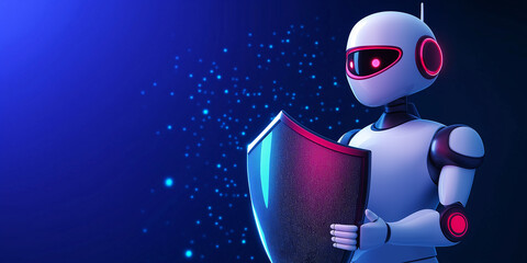 Poster - White robot protecting data with shield on blue background