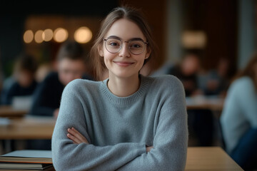 Poster - Smiling student sitting with folded arms in university classroom