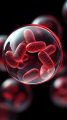 Poster - Red bacteria or virus growing inside transparent sphere on black background