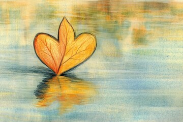 Wall Mural - A heart-shaped leaf floats on calm water, reflecting soft colors in a serene environment.