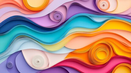Poster - Colorful Waves of Vibrant Paper Crafts Curled In Swirling Patterns on a Soft Background, Evoking Creativity and Artistic Expression in Design Projects