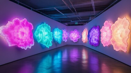 Poster - Vibrant Abstract Light Installations in Modern Art Gallery Showcasing Colorful Illuminated Designs on Wall for Contemporary Art Enthusiasts and Architects
