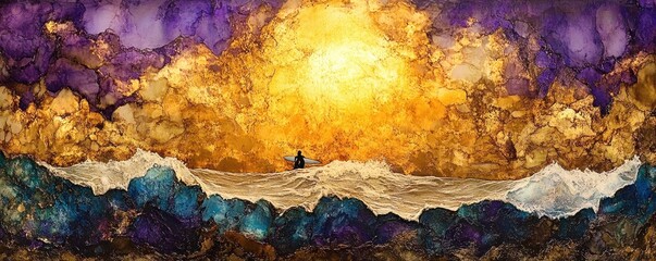 Wall Mural - A vibrant sunset over ocean waves with a lone figure in a boat, evoking tranquility.