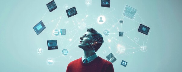 Poster - A person gazes upward amidst digital icons, representing technology, innovation, and the flow of information in a modern, connected world.