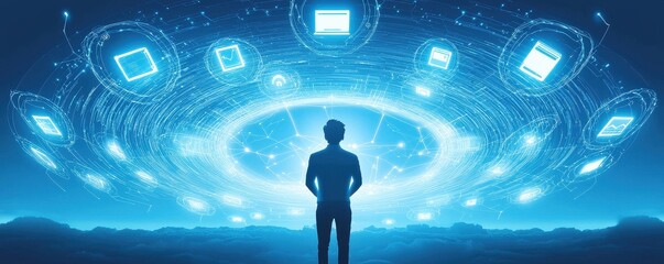 Poster - A silhouette of a person stands amid glowing digital icons, representing technology, innovation, and the vast possibilities of the digital world.