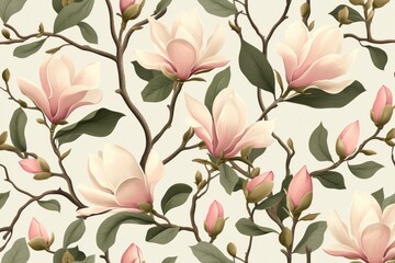 Canvas Print - Delicate pink magnolia flowers with green leaves on a light background, creating a serene and elegant floral pattern. Perfect for decor and design projects.