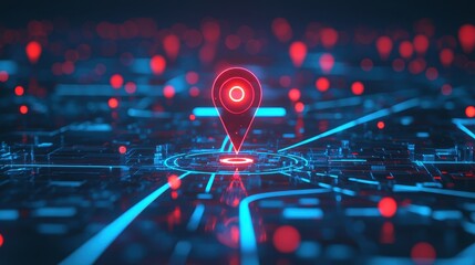 Poster - A digital representation of a location marker surrounded by glowing nodes, illustrating navigation and connectivity in a tech-driven environment.