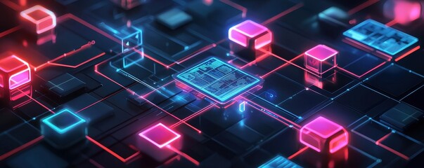 Poster - A vibrant, futuristic network of illuminated blocks and connections, symbolizing advanced technology and digital communication.