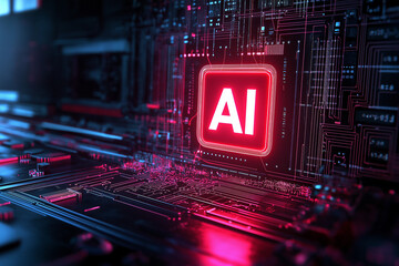 Poster - Artificial intelligence chip glowing on motherboard, showing machine learning and ai development