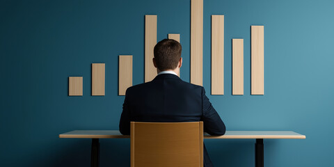 Poster - Businessman looking at growth chart on blue wall in office