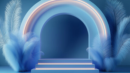 Poster - Blue podium illuminated by neon lights framing a passage with fluffy plants