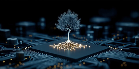 Poster - Glowing tree growing from microchip symbolizing artificial intelligence and nature